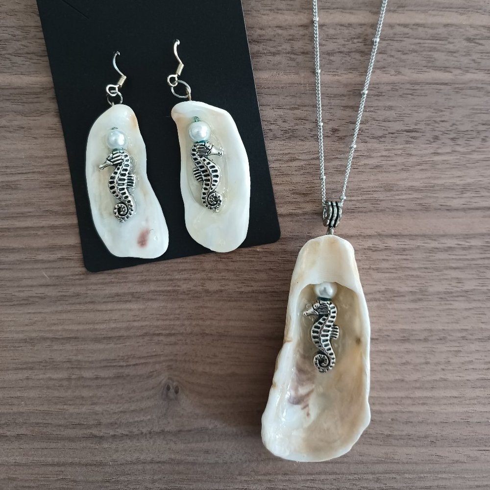 SOLD Oyster Shell Necklace with Earrings - Seahorse II
